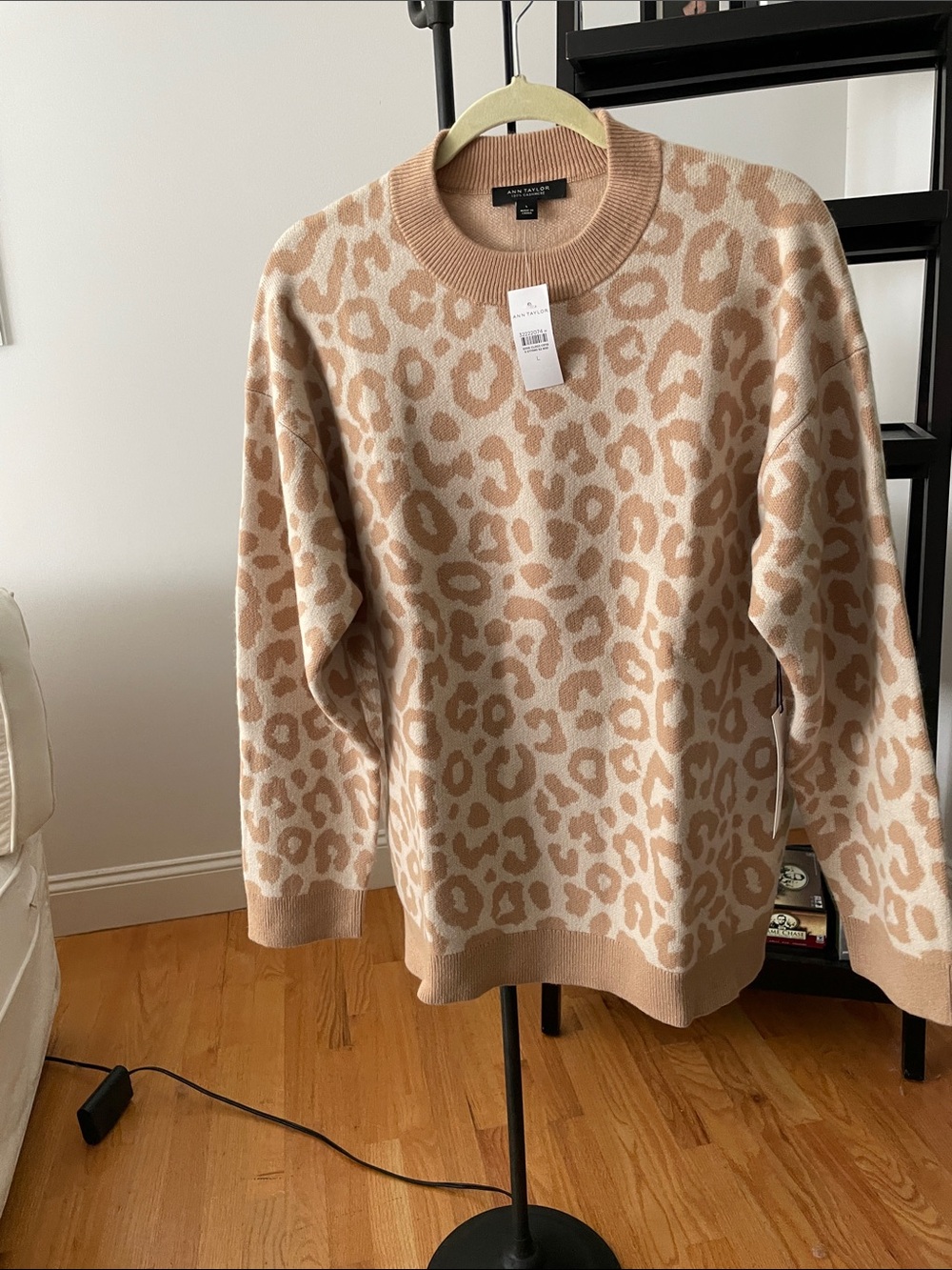 Ann Taylor Beige and Cream Leopard-Print Crewneck Sweater